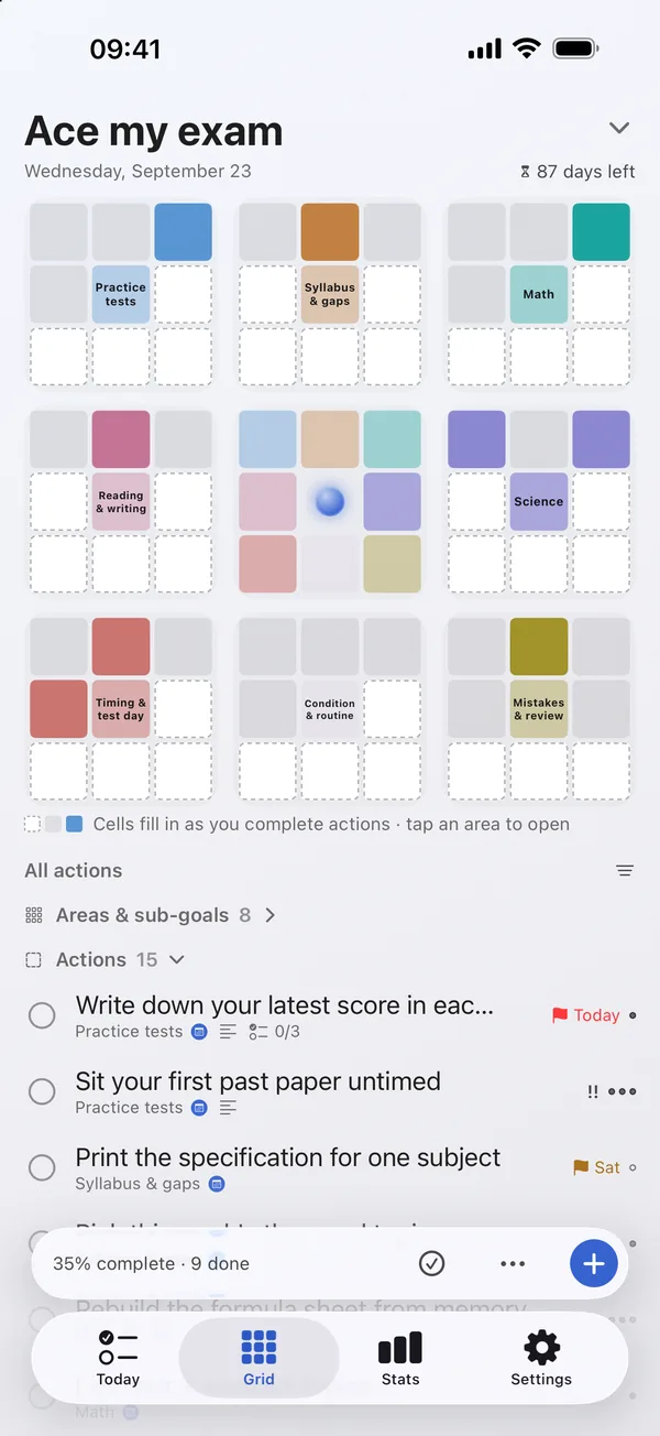 The Grid screen: an aim in the middle, eight areas around it, finished actions lit