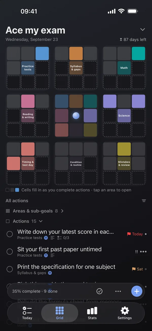 The Grid screen: an aim in the middle, eight areas around it, finished actions lit