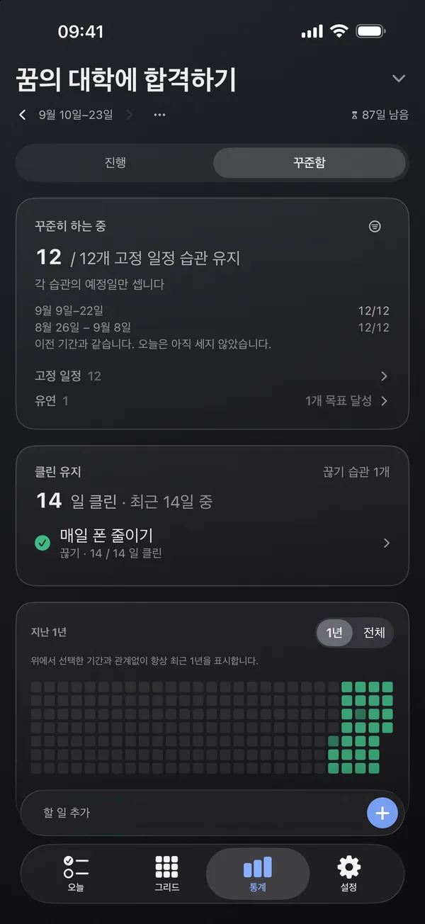 통계 화면: 2주 동안 유지한 습관과 1년의 날들