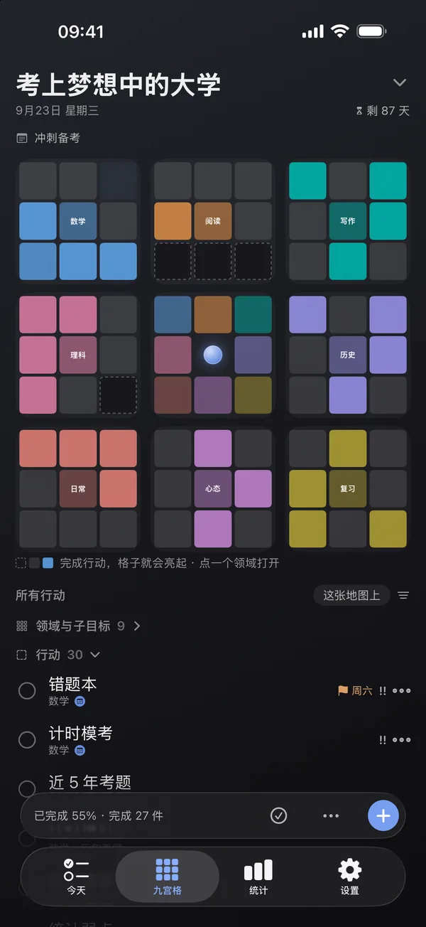 九宫格画面：中间是目标，周围八个领域，完成的行动亮起
